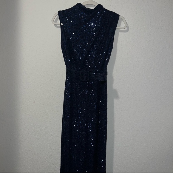 NWT Badgley Mischka Mock Neck Sapphire Sequined Gown with Belt - Picture 4 of 6